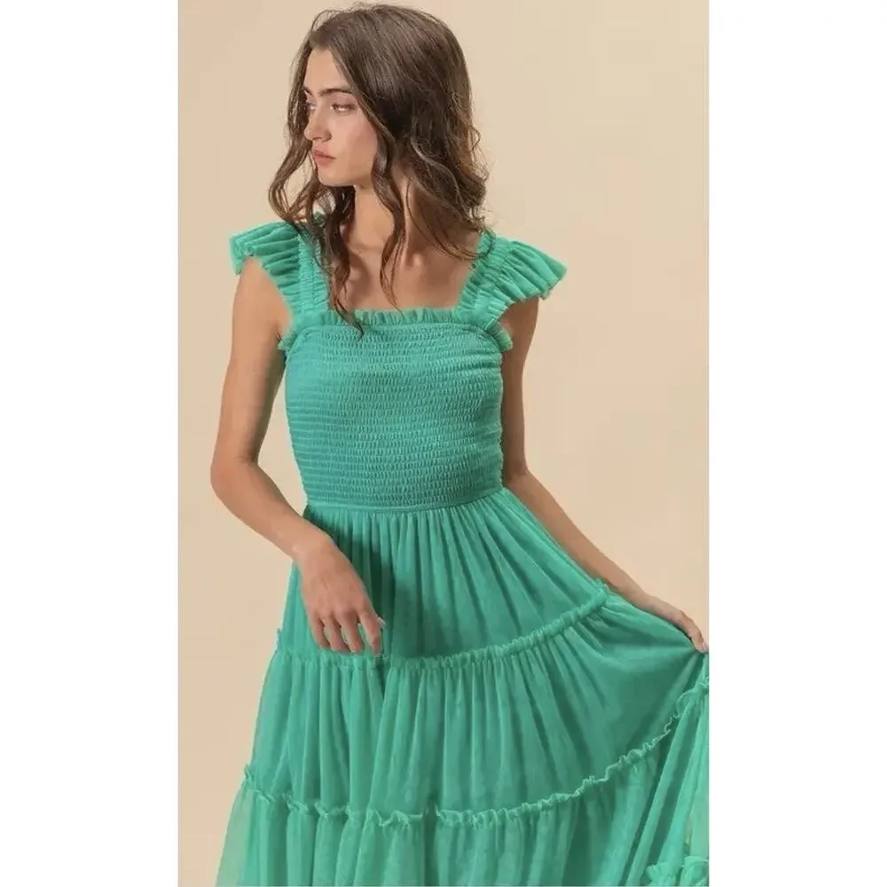 Bibi Smocked Tulle Tiered Jade Green Maxi Dress XL Cocktail Formal - Picture 2 of 8